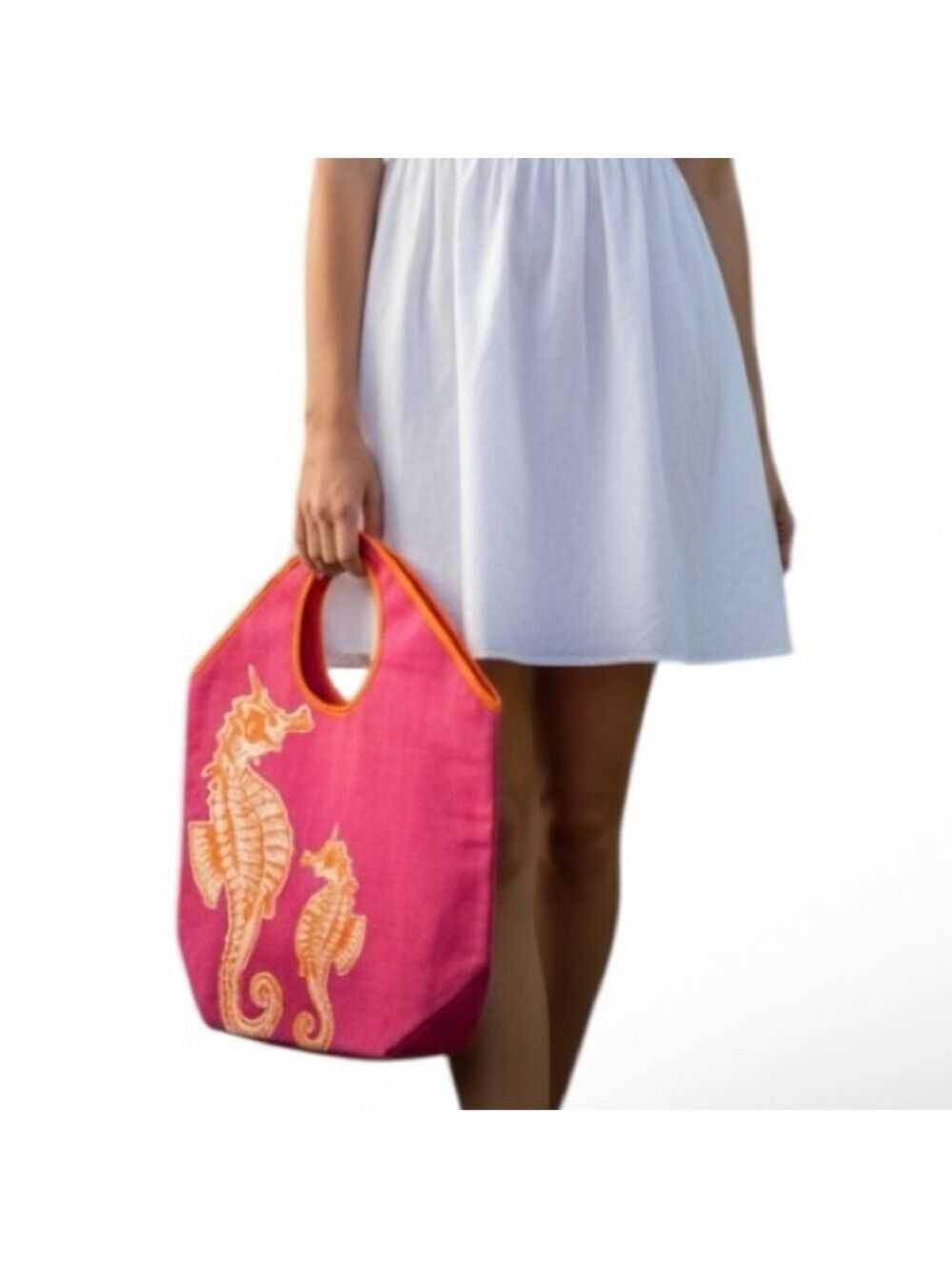 Mud Pie X-Large Jute Tote Beach Bag in Pink and Orange with Seahorse Graphic